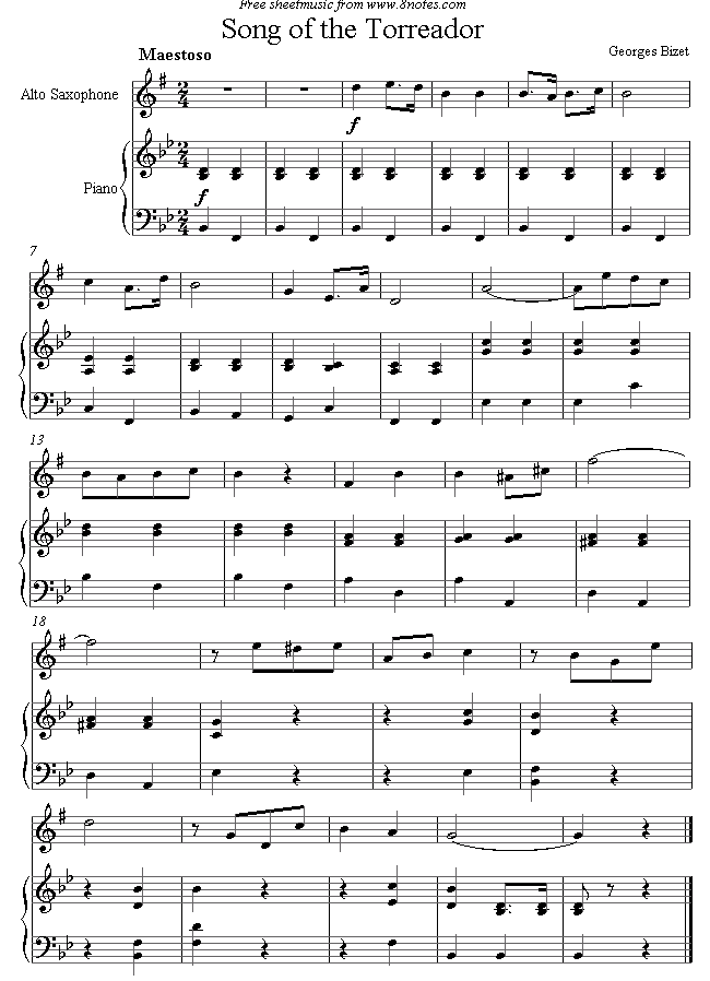 Bizet - Song of the Torreador (alto) sheet music for Saxophone Bizet - Song of the Torreador (alto) sheet music for Saxophone