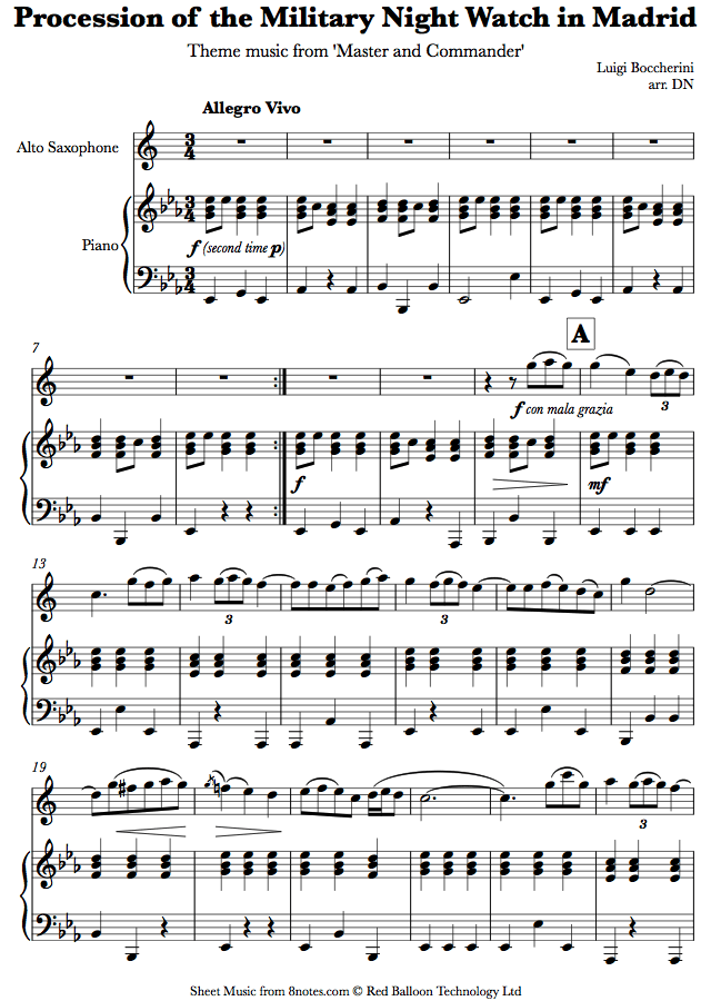 Luigi Boccherini - Procession of the Military Night Watch in Madrid (Theme from Master and Commander ) sheet music for Saxophone Luigi Boccherini - Procession of the Military Night Watch in Madrid (Theme from Master and Commander ) sheet music for Saxophone