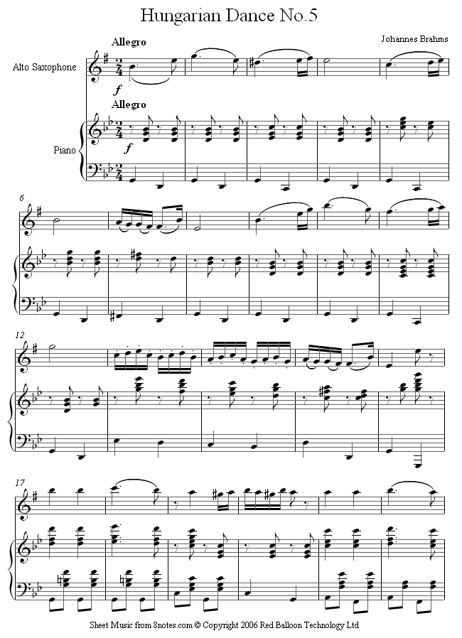 Brahms - Hungarian Dance No.5 sheet music for Saxophone Brahms - Hungarian Dance No.5 sheet music for Saxophone