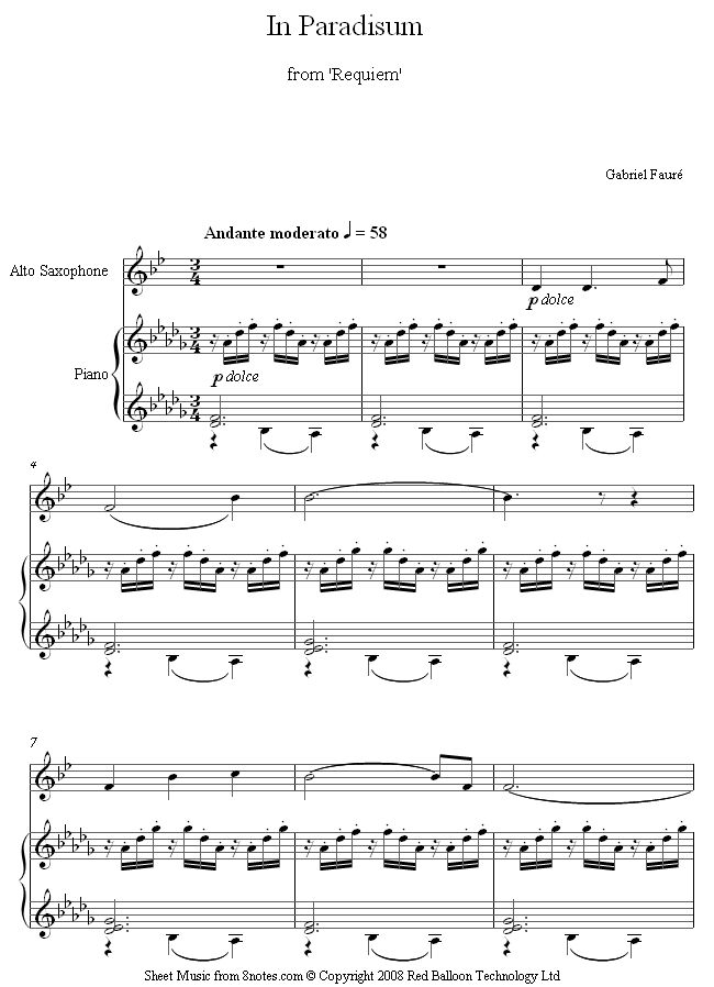 Fauré - In Paradisum from Reqiuem sheet music for Saxophone Fauré - In Paradisum from Reqiuem sheet music for Saxophone
