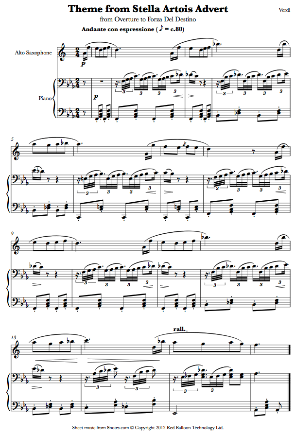 Giuseppe Verdi - Overture to Forza Del Destino(Theme from Stella Artois Advert ) sheet music for Saxophone Giuseppe Verdi - Overture to Forza Del Destino(Theme from Stella Artois Advert ) sheet music for Saxophone