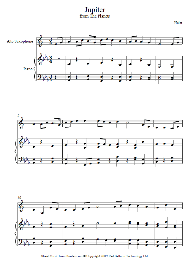 Holst - Jupiter from the Planets (theme) sheet music for Saxophone Holst - Jupiter from the Planets (theme) sheet music for Saxophone