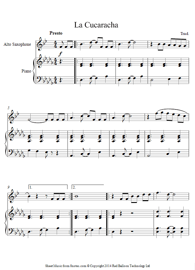 La Cucaracha (Mexico) sheet music for Saxophone La Cucaracha (Mexico) sheet music for Saxophone