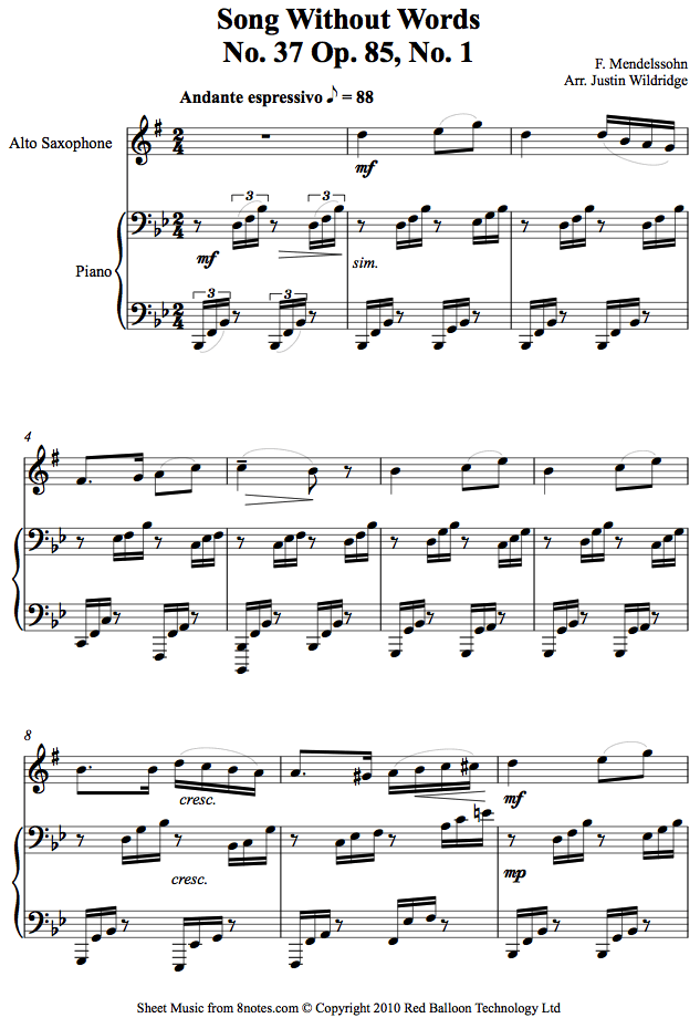Mendelssohn - Song Without Words No. 37 Op. 85, No. 1 sheet music for Saxophone Mendelssohn - Song Without Words No. 37 Op. 85, No. 1 sheet music for Saxophone