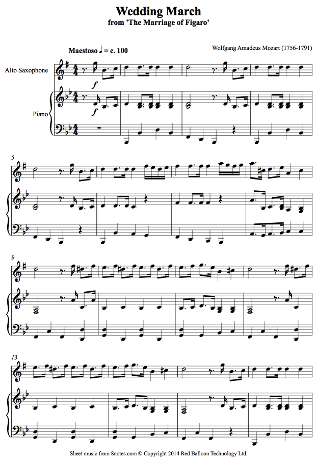 Mozart Wedding March from Figaro sheet music for Saxophone