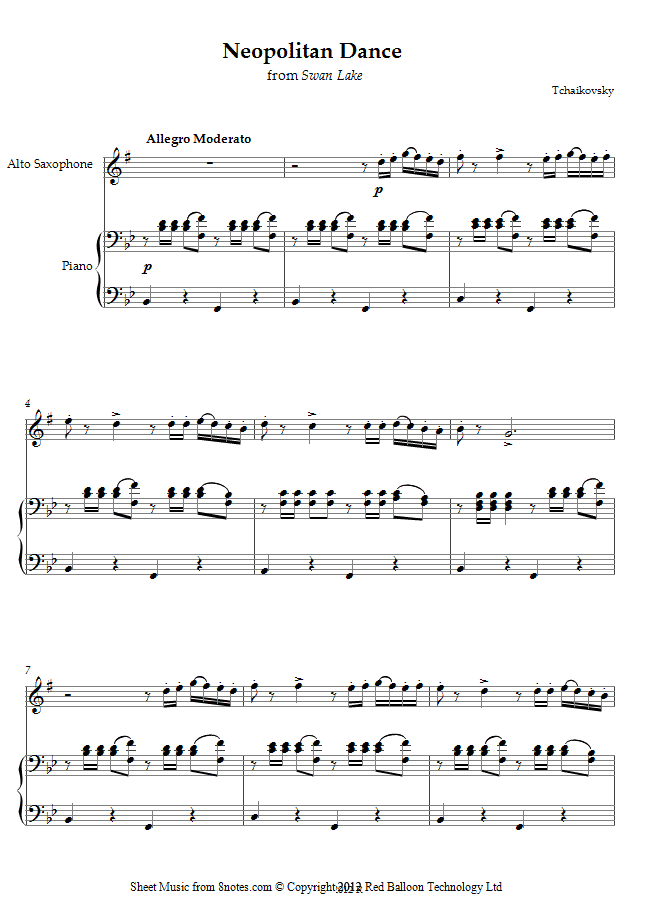 Tchaikovsky - Neopolitan Dance from Swan Lake sheet music for Saxophone Tchaikovsky - Neopolitan Dance from Swan Lake sheet music for Saxophone