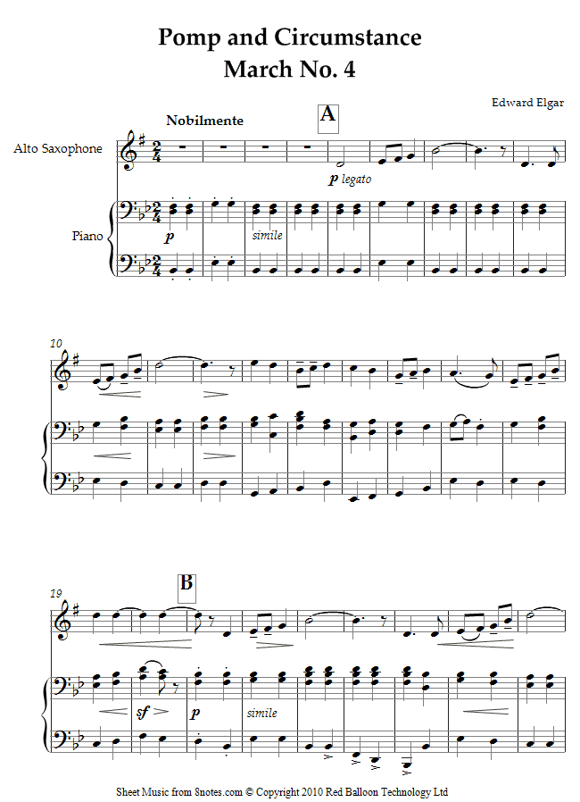 Elgar - Pomp and Circumstance March No. 4 sheet music for Saxophone Elgar - Pomp and Circumstance March No. 4 sheet music for Saxophone