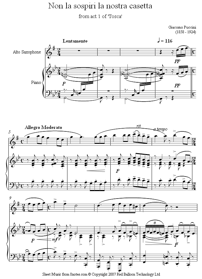 Puccini - Non la sospiri la nostra casetta from Tosca sheet music for Saxophone Puccini - Non la sospiri la nostra casetta from Tosca sheet music for Saxophone