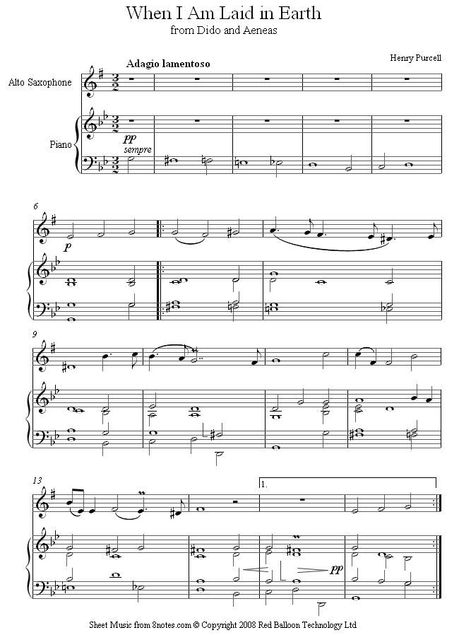 Purcell - When I Am Laid in Earth sheet music for Saxophone Purcell - When I Am Laid in Earth sheet music for Saxophone
