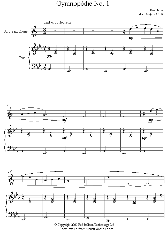 Satie - Gymnopédie No.1 sheet music for Saxophone Satie - Gymnopédie No.1 sheet music for Saxophone