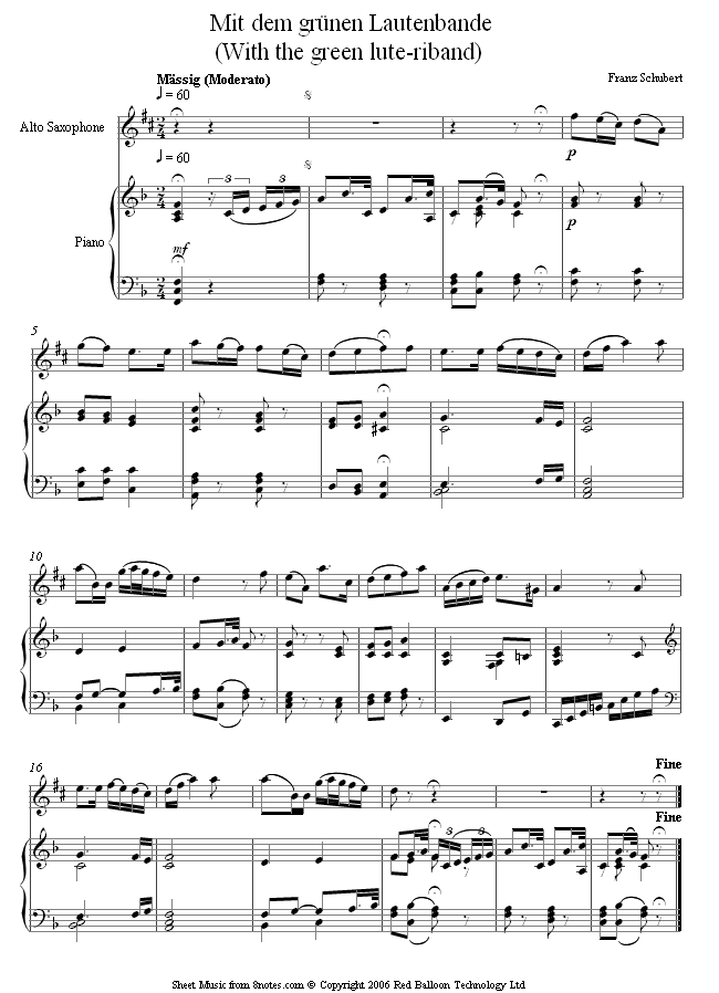 Schubert - With the green lute-riband sheet music for Saxophone Schubert - With the green lute-riband sheet music for Saxophone