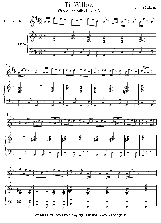 Sullivan - Tit Willow (Mikado Act 1) - alto sax sheet music for Saxophone Sullivan - Tit Willow (Mikado Act 1) - alto sax sheet music for Saxophone
