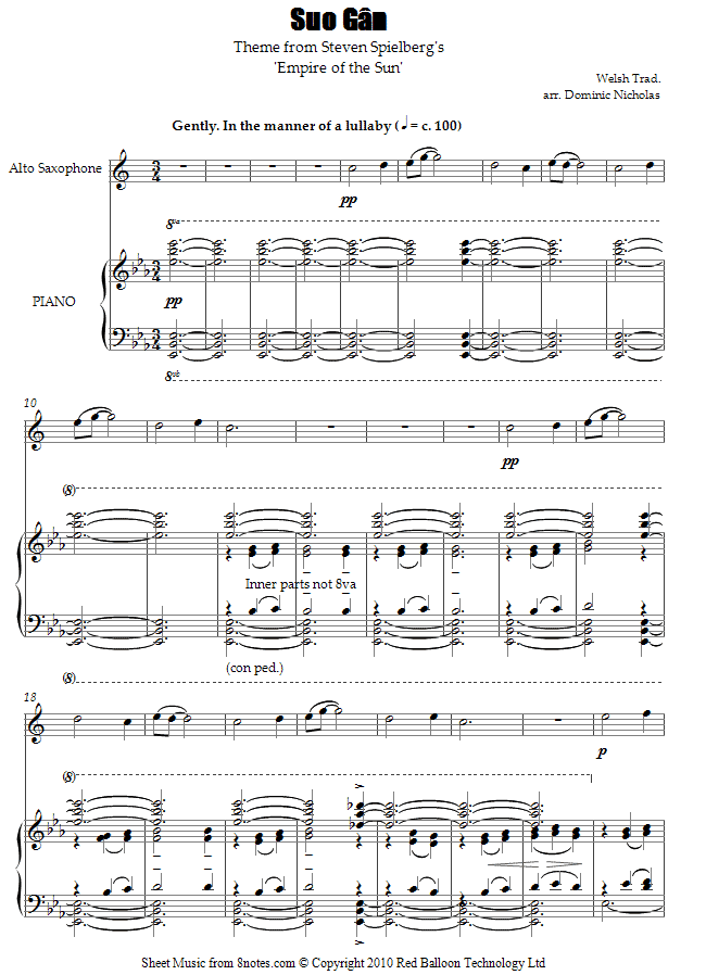 Empire of the Sun Theme - Suo Gan (Welsh traditional) sheet music for Saxophone Empire of the Sun Theme - Suo Gan (Welsh traditional) sheet music for Saxophone