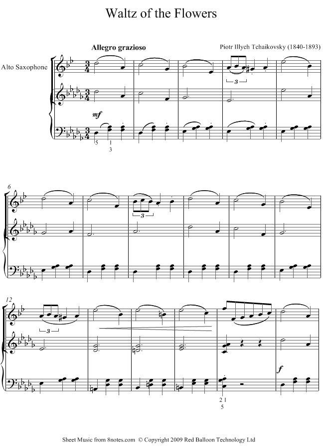 Tchaikovsky - Dance of the Flowers from the Nutcracker sheet music for Saxophone Tchaikovsky - Dance of the Flowers from the Nutcracker sheet music for Saxophone