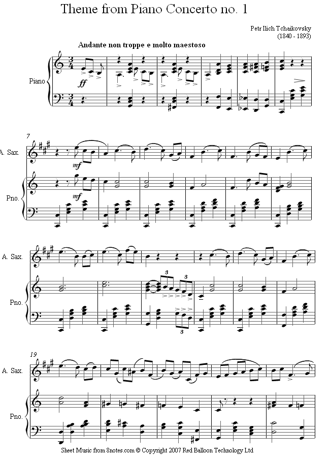 Tchaikovsky - Theme from Piano Concerto No.1 sheet music for Saxophone Tchaikovsky - Theme from Piano Concerto No.1 sheet music for Saxophone