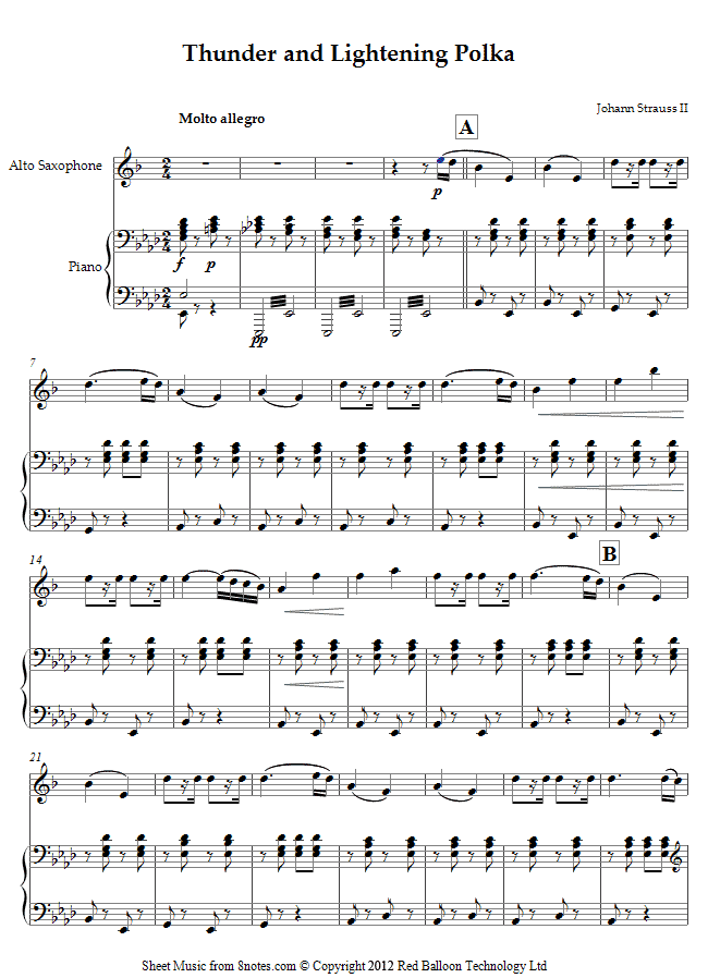 Strauss II - Thunder and Lightening Polka sheet music for Saxophone Strauss II - Thunder and Lightening Polka sheet music for Saxophone