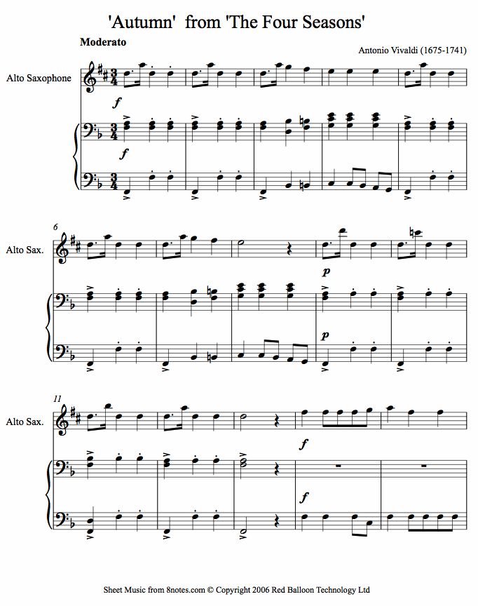 Vivaldi - Autumn from The Four Seasons sheet music for Saxophone Vivaldi - Autumn from The Four Seasons sheet music for Saxophone