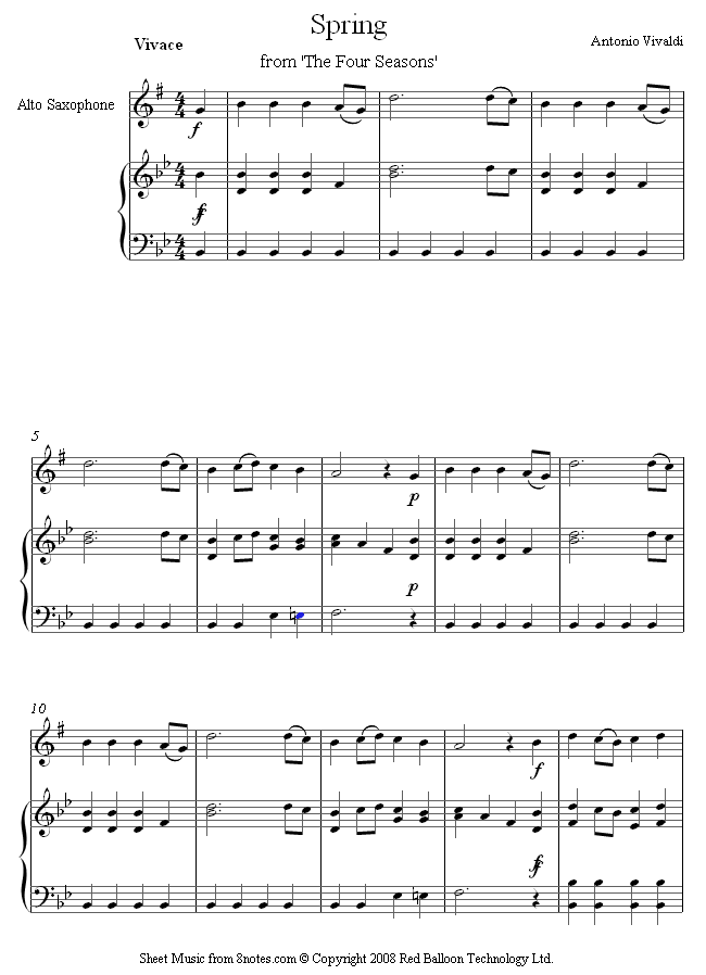 Vivaldi - Spring from The Four Seasons sheet music for Saxophone Vivaldi - Spring from The Four Seasons sheet music for Saxophone