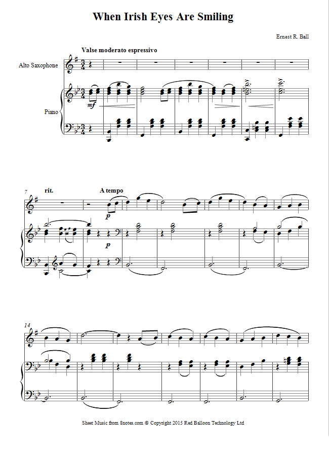 Ernest R. Ball When Irish Eyes Are Smiling sheet music for Saxophone