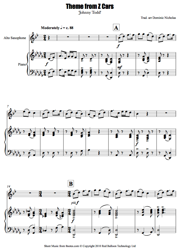 Theme from Z Cars 'Johnny Todd' sheet music for Saxophone Theme from Z Cars 'Johnny Todd' sheet music for Saxophone