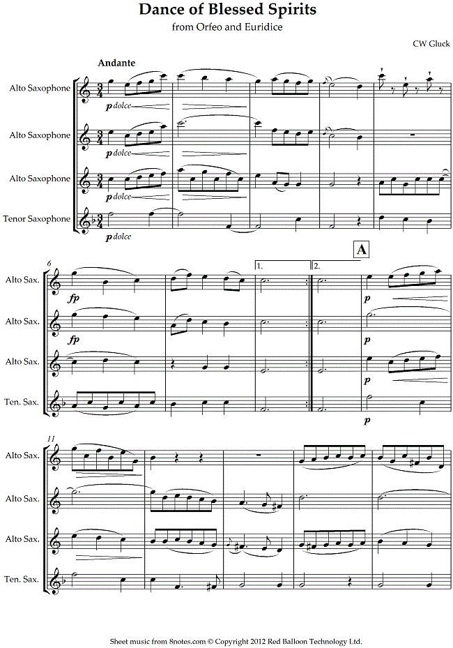 Gluck - Dance of Blessed Spirits from Orfeo and Euridice (3 alto saxes, 1 tenor) sheet music for Saxophone Quartet Gluck - Dance of Blessed Spirits from Orfeo and Euridice (3 alto saxes, 1 tenor) sheet music for Saxophone Quartet