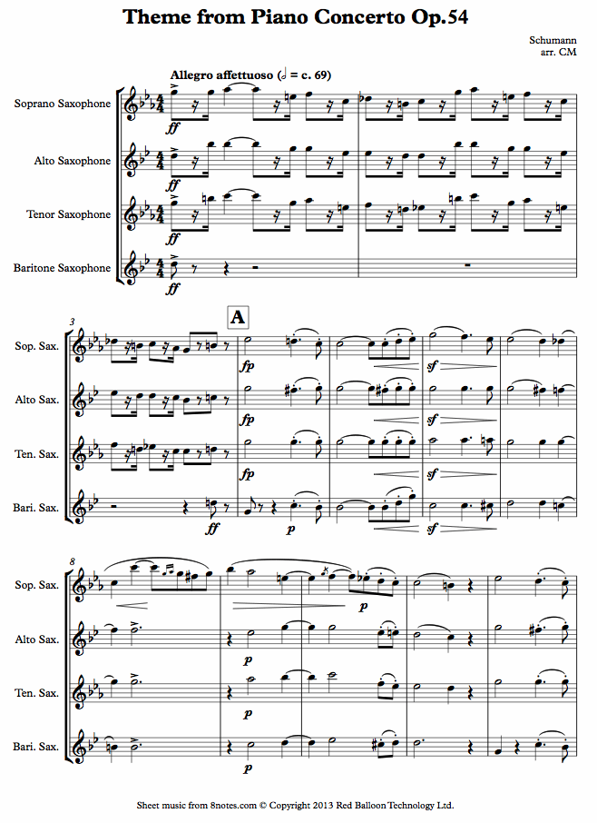 Schumann - Theme from Piano Concerto Op.54 sheet music for Saxophone Quartet Schumann - Theme from Piano Concerto Op.54 sheet music for Saxophone Quartet