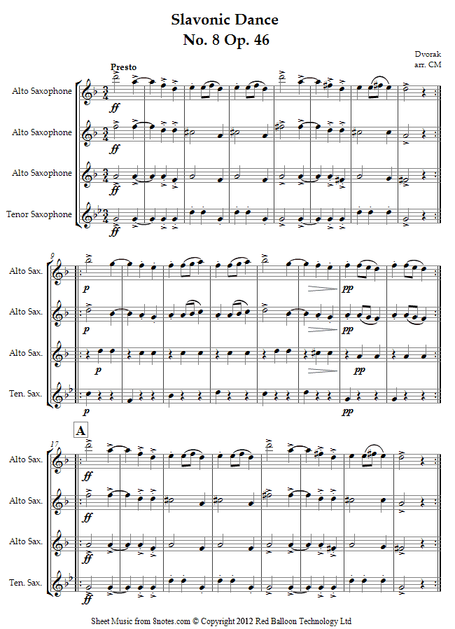 Dvorak - Slavonic Dance No. 8 Op. 46 sheet music for Saxophone Quartet Dvorak - Slavonic Dance No. 8 Op. 46 sheet music for Saxophone Quartet