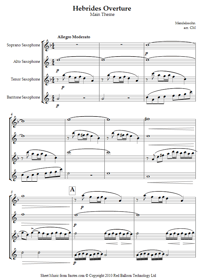 Mendelssohn - Hebrides Overture (Fingals Cave) main theme sheet music for Saxophone Quartet Mendelssohn - Hebrides Overture (Fingals Cave) main theme sheet music for Saxophone Quartet