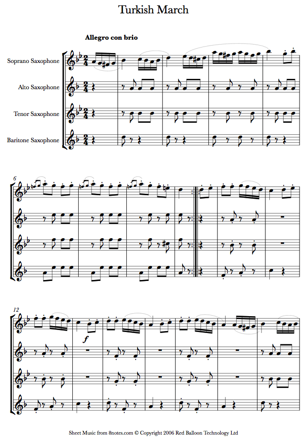 Mozart Rondo Alla Turca sheet music for Saxophone Quartet