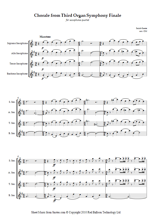 Saint-Saëns - Chorale from Third Organ Symphony Finale sheet music for Saxophone Quartet Saint-Saëns - Chorale from Third Organ Symphony Finale sheet music for Saxophone Quartet