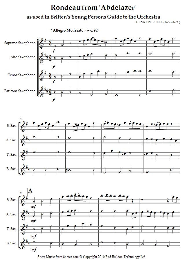 Britten - Young Persons Guide to the Orchestra Theme (Purcells Rondeau) sheet music for Saxophone Quartet Britten - Young Persons Guide to the Orchestra Theme (Purcells Rondeau) sheet music for Saxophone Quartet