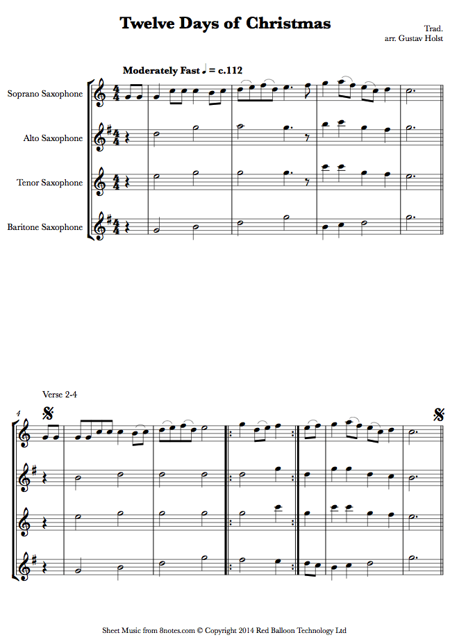 12 Days of Christmas sheet music for Saxophone Quartet
