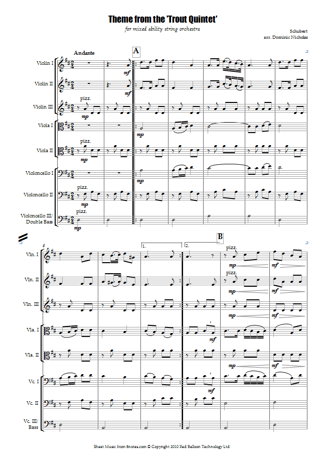 Schubert - Theme from The Trout Quintet (for mixed ability string ensemble) sheet music for String Ensemble Schubert - Theme from The Trout Quintet (for mixed ability string ensemble) sheet music for String Ensemble