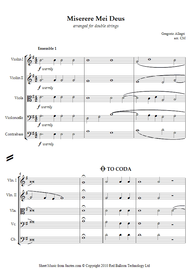 Allegri - Miserere Mei Deus (Allegris Miserere) sheet music for String Ensemble Allegri - Miserere Mei Deus (Allegris Miserere) sheet music for String Ensemble
