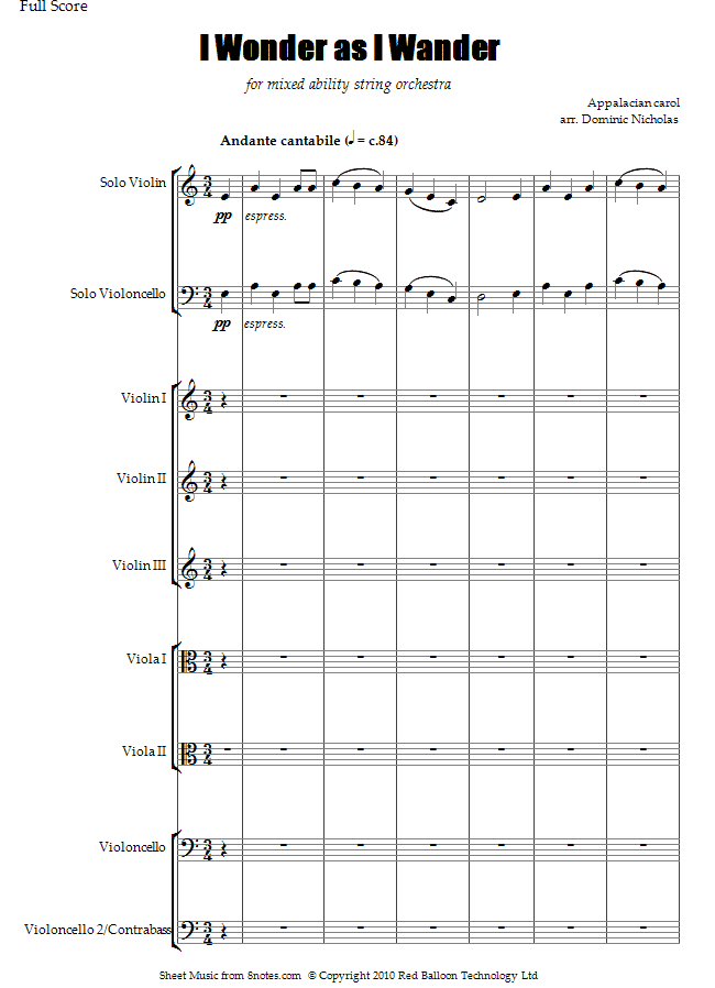 I wonder as I wander (Appalacian carol for mixed ability string ensemble) sheet music for String Ensemble I wonder as I wander (Appalacian carol for mixed ability string ensemble) sheet music for String Ensemble