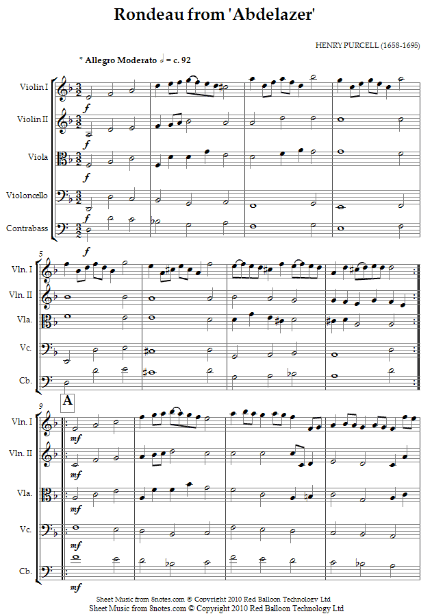 Purcell - Rondeau from Abdelazer sheet music for String Ensemble Purcell - Rondeau from Abdelazer sheet music for String Ensemble