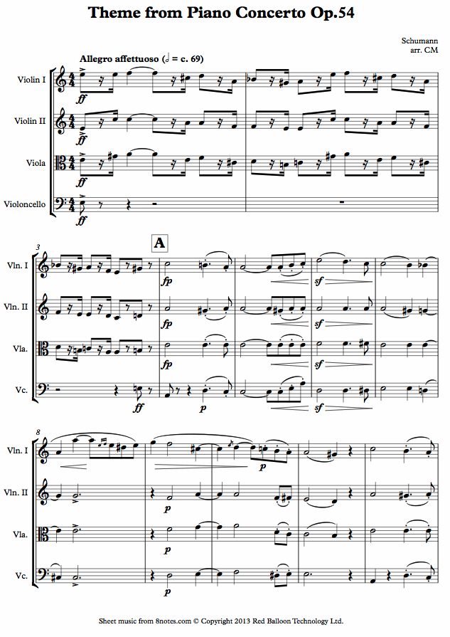 Schumann - Theme from Piano Concerto Op.54 sheet music for String Quartet Schumann - Theme from Piano Concerto Op.54 sheet music for String Quartet