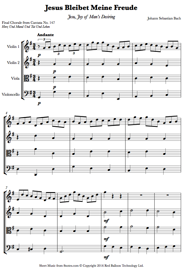 Bach Jesu Joy of Mans Desiring sheet music for String Quartet