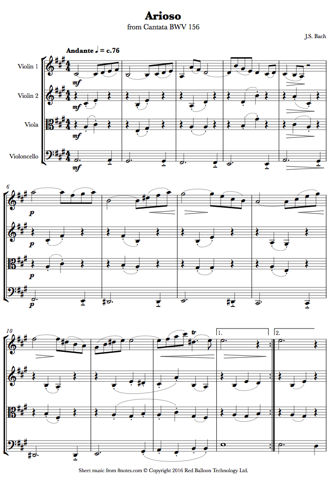 Bach Arioso from Cantata BWV 156 sheet music for String Quartet