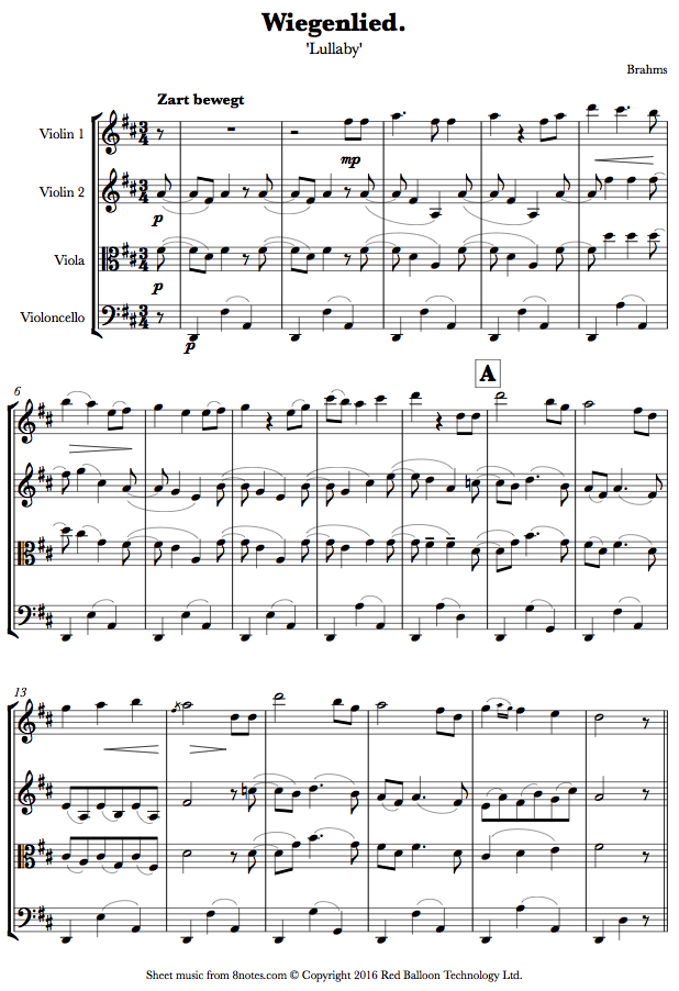 Brahms Lullaby (Wiegenlied) sheet music for String Quartet