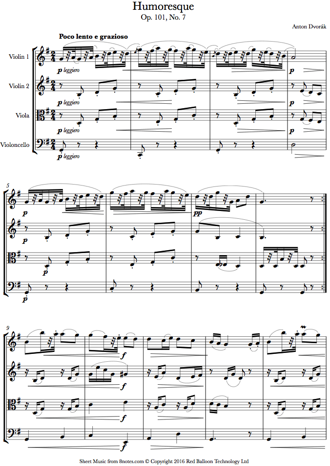 ﻿Dvořák - Humoresque Op. 101, No. 7 sheet music for String Quartet ...