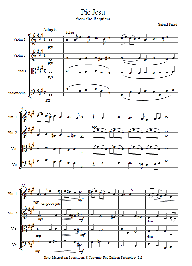 Fauré - Pie Jesu from the Requiem sheet music for String Quartet Fauré - Pie Jesu from the Requiem sheet music for String Quartet