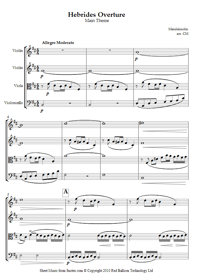 Mendelssohn - Hebrides Overture (Fingals Cave) main theme sheet music for String Quartet Mendelssohn - Hebrides Overture (Fingals Cave) main theme sheet music for String Quartet