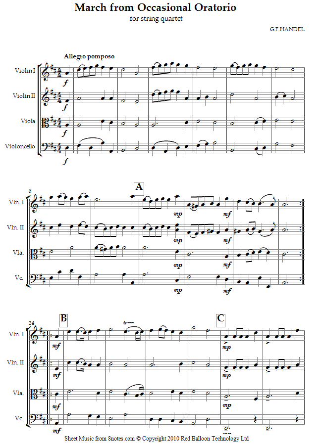 Handel - March from Occasional Oratorio sheet music for String Quartet Handel - March from Occasional Oratorio sheet music for String Quartet