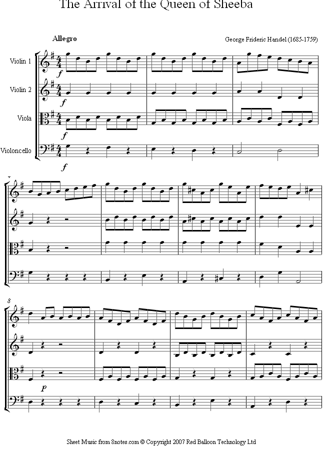 Handel - The Arrival of the Queen of Sheba sheet music for String Quartet Handel - The Arrival of the Queen of Sheba sheet music for String Quartet