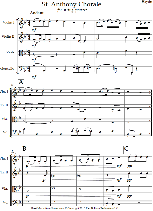 Haydn - St. Anthony Chorale sheet music for String Quartet Haydn - St. Anthony Chorale sheet music for String Quartet