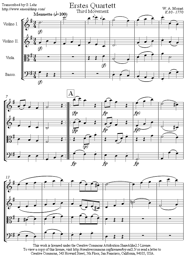 Mozart Quartet no.1 K80 3rd Movement sheet music for String Quartet