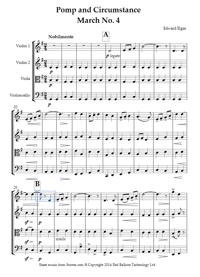 Elgar - Pomp and Circumstance March No. 4 sheet music for String Quartet Elgar - Pomp and Circumstance March No. 4 sheet music for String Quartet