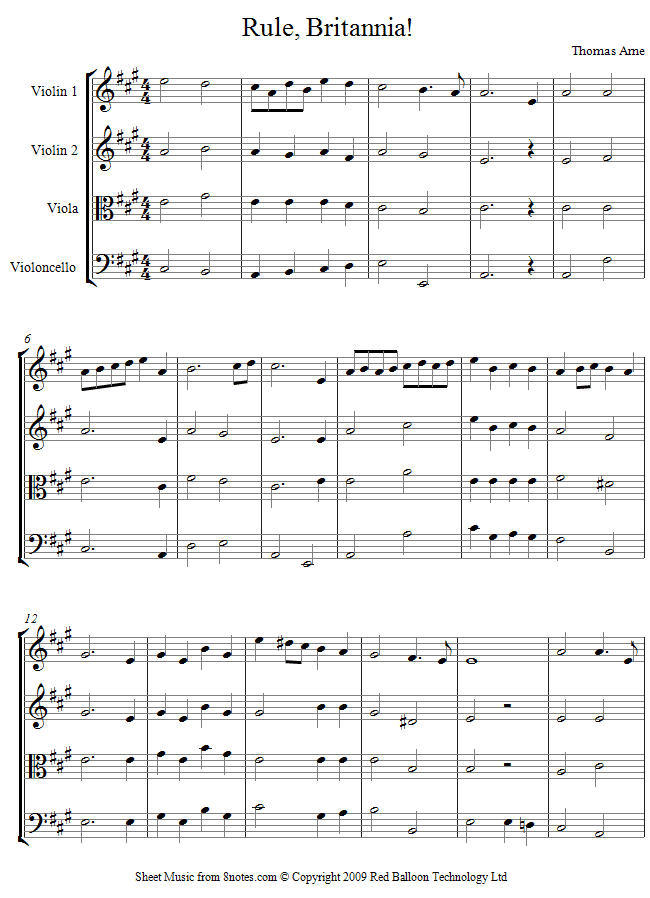 Arne - Rule Britannia sheet music for String Quartet Arne - Rule Britannia sheet music for String Quartet