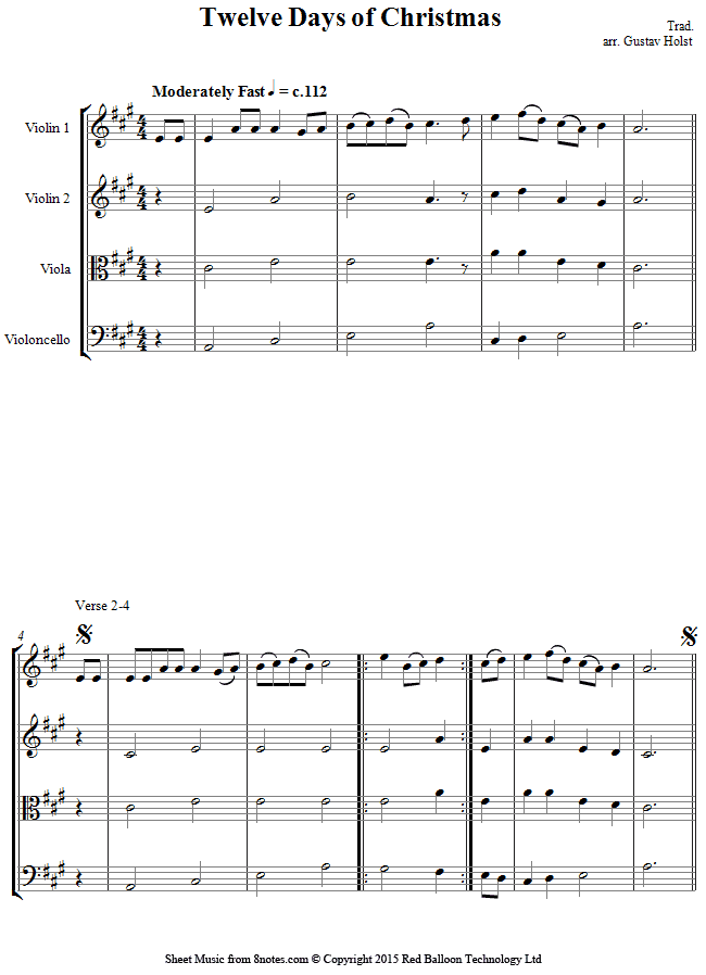 12 Days of Christmas sheet music for String Quartet - 8notes.com